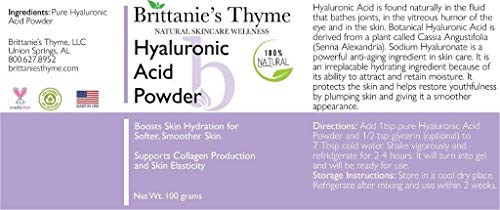 Brittanie's Thyme Pure Hyaluronic Acid Serum Powder, 100 Grams | High Molecular Weight, Cosmetic Grade, 100% Natural, Boosts Skin Hydration for Softe