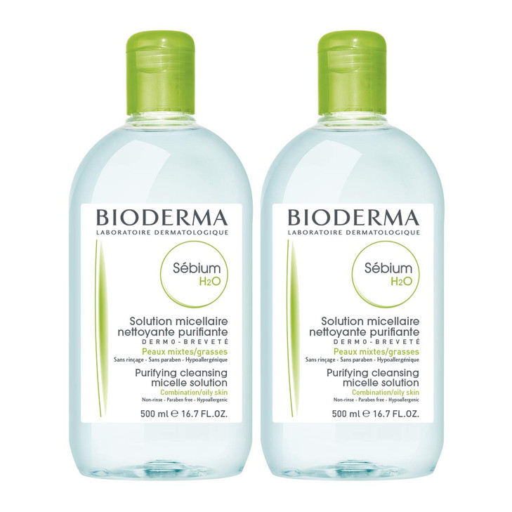 Bioderma Sébium H2O Micellar Water, Duo Pack Cleansing and Makeup Removing Gentle Face Cleanser for Combination to Oily Skin, 33.4 Fl Oz
