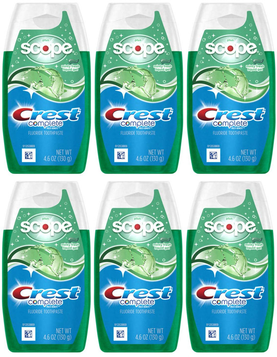 Crest Complete Whitening Plus Scope Multi-Benefit Fluoride Liquid Gel Toothpaste, Minty Fresh, 4.6 Ounce (Pack of 6)