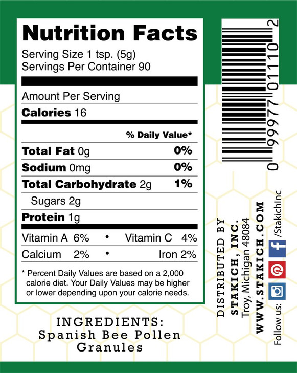 Stakich Spanish Bee Pollen Granules - 1 Pound (16 Ounce) - Pure, Natural, Unprocessed