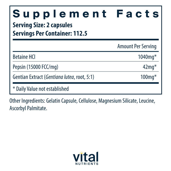 Vital Nutrients Betaine HCL Pepsin with Gentian Root Extract - Digestive Enzyme Formula to Support Protein Digestion and Nutrient Absorption* - Glute