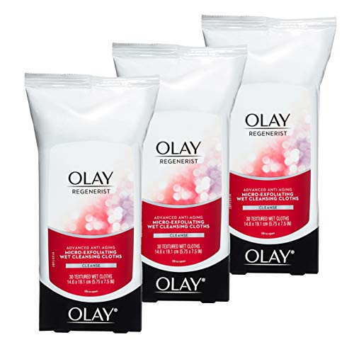 Olay Makeup Remover Wipes, Regenerist Micro-Exfoliating Wet Cleansing Cloths, Facial Cleanser for Women - Exfoliates, Refreshes, Smooths Texture, Tra