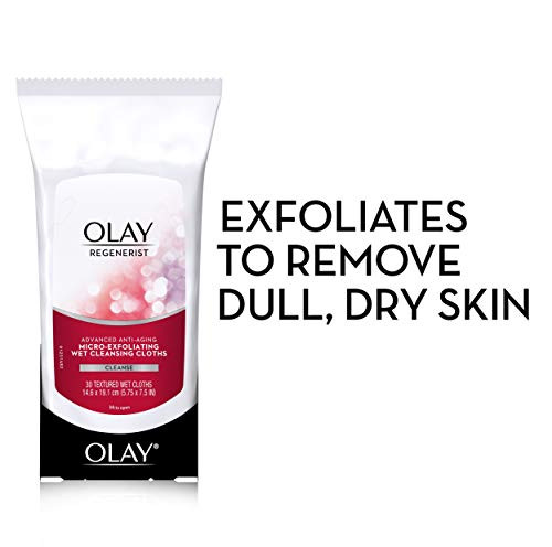 Olay Makeup Remover Wipes, Regenerist Micro-Exfoliating Wet Cleansing Cloths, Facial Cleanser for Women - Exfoliates, Refreshes, Smooths Texture, Tra