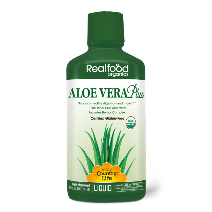 Country Life Realfood Organics Liquid Aloe Vera Plus - Supports Digestive Health & Immune System - with Slippery Elm, Ginger, Turmeric, Peppermint -