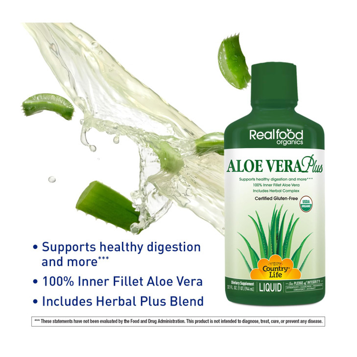 Country Life Realfood Organics Liquid Aloe Vera Plus - Supports Digestive Health & Immune System - with Slippery Elm, Ginger, Turmeric, Peppermint -