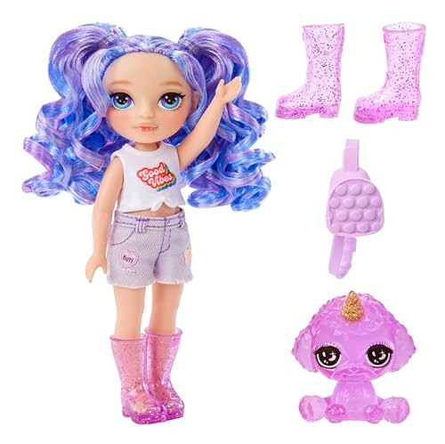 Rainbow High Littles  Amethyst Willow, Purple 5.5" Posable Small Doll with Purse, Magical Pet Dog, Girls Toy Gift, Kids Ages 4-12 Years