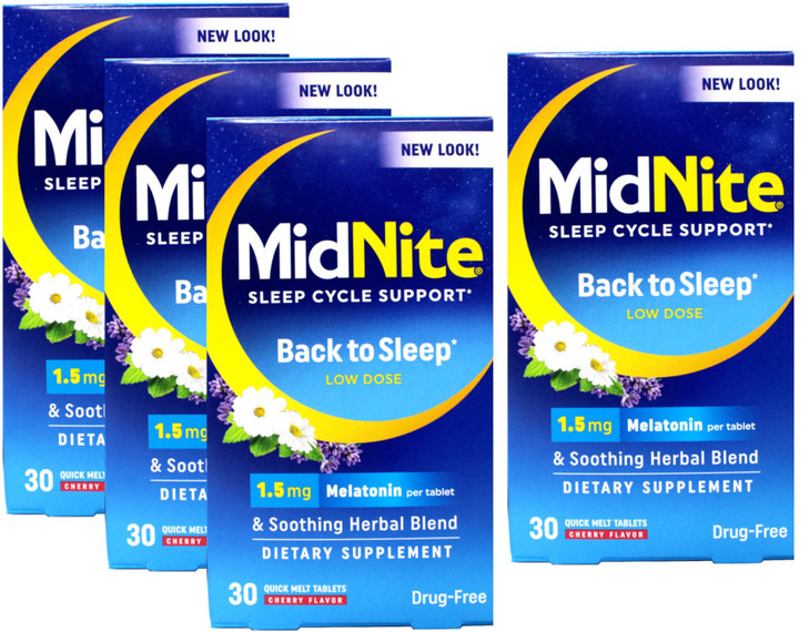 MidNite Sleep Cycle Support Back to Sleep Low Dose Melatonin & Herbal Blend, Cherry Flavor, 30 Quick Melt Tablets (Pack of 4)