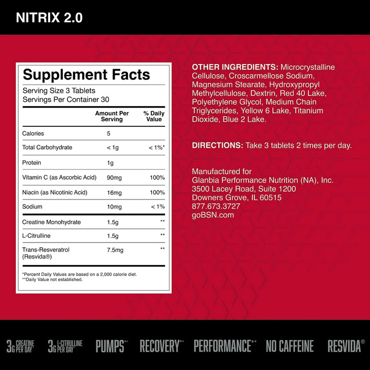 BSN NITRIX 2.0, Workout Supplement, Nitric Oxide Precursors, 3g Creatine, 3g L Citrulline, L-Citrulline, Supports Workout Performance, Pumps, Muscle