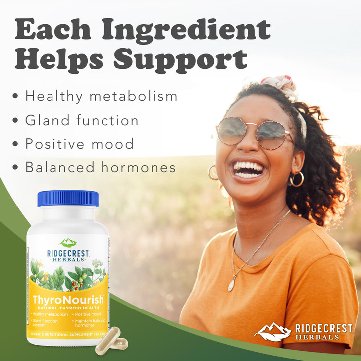 Ridgecrest Herbals ThyroNourish, Thyroid Support, Herbal and Vitamin Supplement with Ashwagandha, L-Tyrosine, Iodine, Copper, Kelp. Supports Energy,