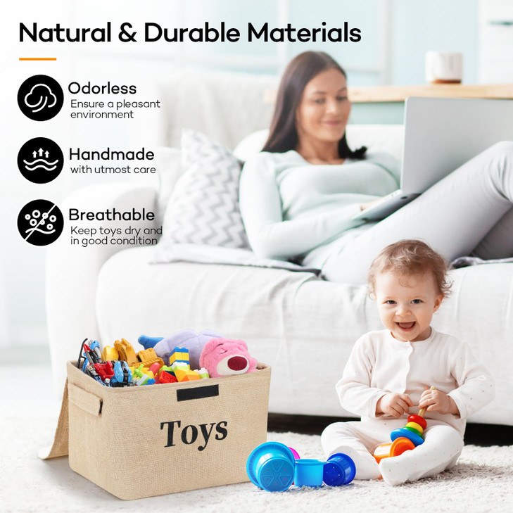 Toy Storage Box Organizer Baskets, 2 Pack Burlap Kids Toys Storage Baskets Bins with Lids & Metal Frame, Collapsible Toy Baskets for Closet Shelves,