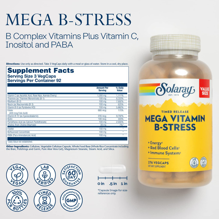 SOLARAY Mega Vitamin B-Stress - Timed Release Vitamin B Complex w/Vitamin B12, B6, Folic Acid, VIT. C - Stress, Energy, Red Blood Cell, Immune Suppor
