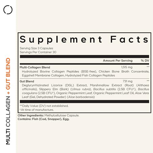 Codeage Multi Collagen + Gut Blend Supplement - Digestive Probiotics, DGL Licorice, Aloe Vera, Organic Peppermint Leaf, Slippery Elm - Hydrolyzed Bov