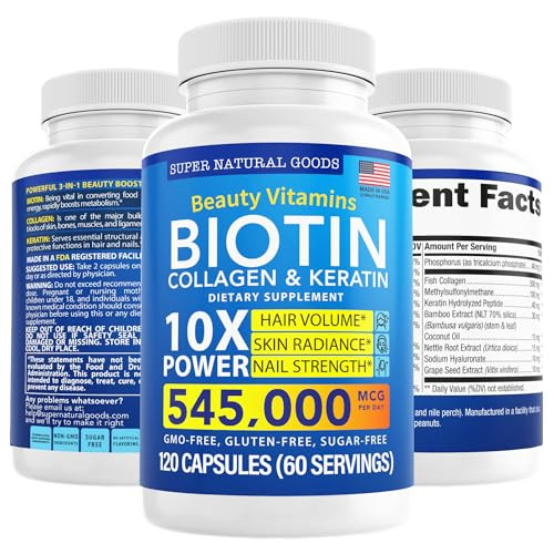 Biotin and Collagen Vitamins + Keratin with Folate - Hair Loss Treatments for Women & Men - Follicle, Skin and Nail Supplements for Hair Growth & Pos