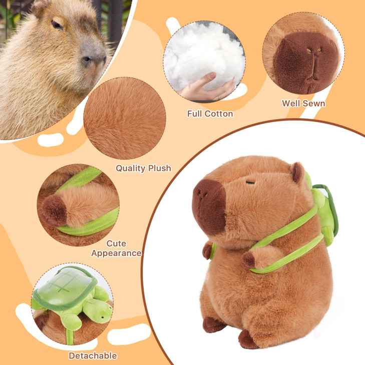 EASYLR 12inch Cute Capybara Plush with Turtle Backpack, Soft Capybara Plushie Toy Doll Pillow Birthday for Kids (with Bag)