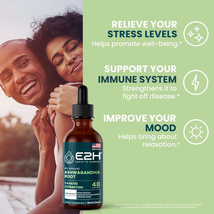 E2H Ashwagandha Liquid Drops - All-Natural Ashwagandha Supplement for Stress Relief and Mood Enhancer- Organic Ashwagandha Root Extract Effective Cor