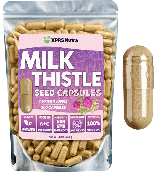 XPRS Nutra Milk Thistle Seed Capsules - 360 Count (6 Month Supply) Premium Milk Thistle Supplement Rich in Silymarin to Support The Liver and Digesti