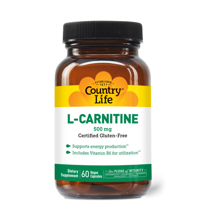 Country Life L-Carnitine 500mg  60 Vegan Capsules | Supports Energy Production & Fat Metabolism | Includes Vitamin B6 for Utilization | Gluten-Free,