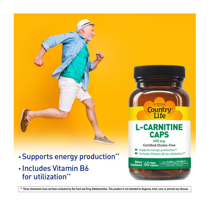 Country Life L-Carnitine 500mg  60 Vegan Capsules | Supports Energy Production & Fat Metabolism | Includes Vitamin B6 for Utilization | Gluten-Free,