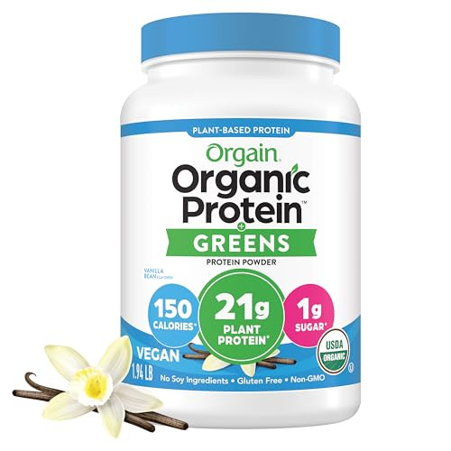 Orgain Organic Vegan Protein Powder + Greens, Vanilla Bean - 21g Plant Based Protein, Gluten Free, Dairy Free, Lactose Free, Soy Free, No Sugar Added