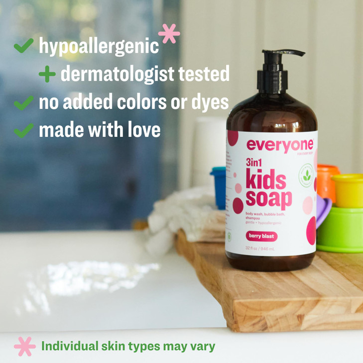 Everyone 3-in-1 Kids Soap, Body Wash, Bubble Bath, Shampoo, 32 Ounce (Pack of 2), Berry Blast, made with Essential Oils for Toddlers, tweens and teen