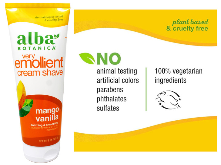 Alba Botanical Mango Vanilla Very Emollient Cream Shave, 8 Ounce Tubes (Pack of 4)