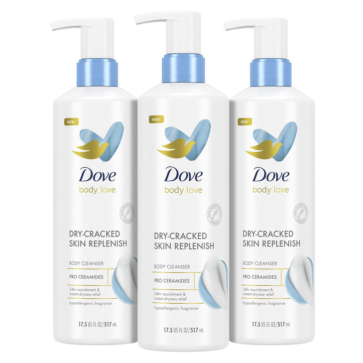 Dove Body Love Body Cleanser Body Wash 3 Count Dry-Cracked Skin Replenish Hypoallergenic for 24 Hour Nourishment & Instant Dryness Relief with Pro Ce