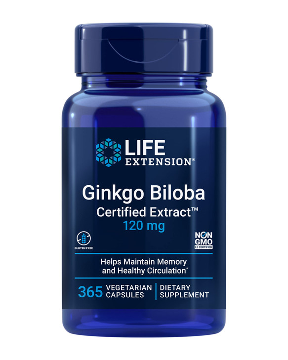 Life Extension Ginkgo Biloba Certified Extract, 120 mg, Helps Maintain Memory & cognition, Gluten-Free, Non-GMO, Vegetarian, 365 Capsules