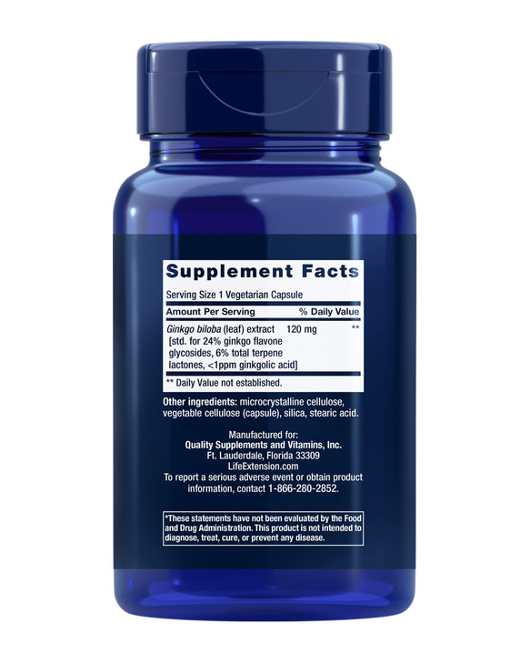 Life Extension Ginkgo Biloba Certified Extract, 120 mg, Helps Maintain Memory & cognition, Gluten-Free, Non-GMO, Vegetarian, 365 Capsules