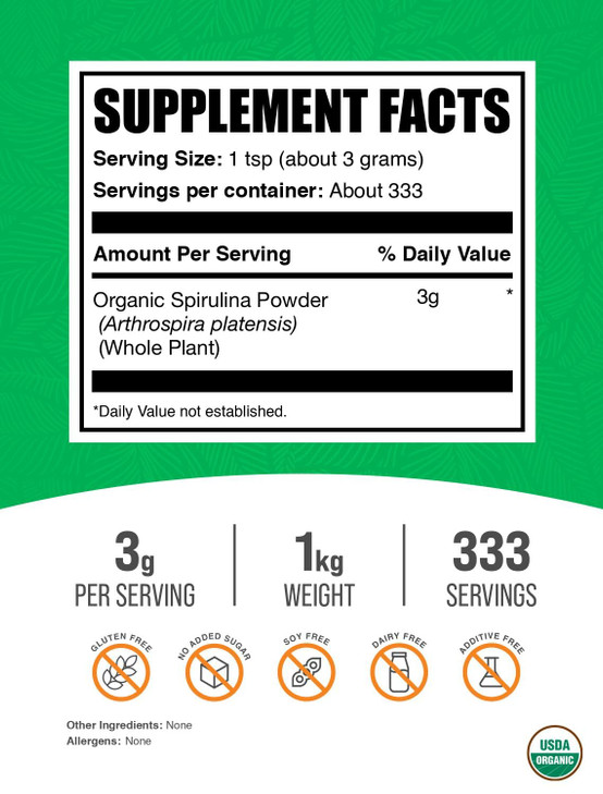 BulkSupplements.com Organic Spirulina Powder - Superfood, Green Spirulina Powder, Herbal Supplement - Vegan-Friendly, 3g per Serving, 1kg (2.2 lbs) (