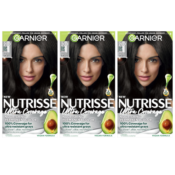 Garnier Hair Color Nutrisse Ultra Coverage Nourishing Creme, 200 Deep Soft Black (Black Sesame) Permanent Hair Dye, 3 Count (Packaging May Vary)