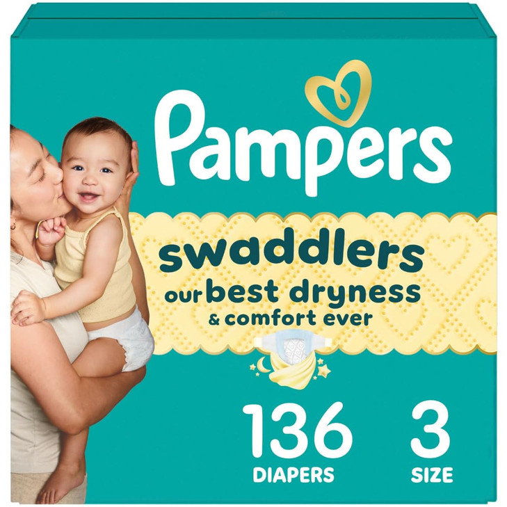 Pampers Swaddlers Diapers, Size 3 (13-26 lbs), 136 Count, Absorbent, Keeps Baby Dry and Comfortable, Skin Safe Disposable Baby Diaper (Packaging May