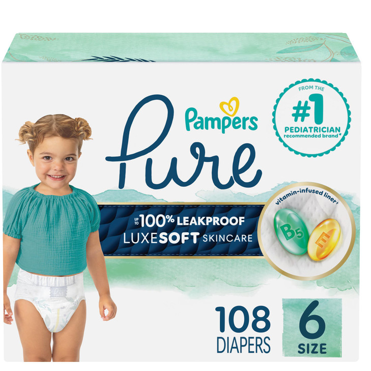 Pampers Pure Protection Baby Diapers, Size 6 (35+ lbs), 108 Count, Up to 100% Leakproof, Premium Plant-based Skin Protection, Hypoallergenic Soft Dia