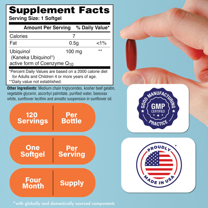 Health Thru Nutrition Ubiquinol 100mg 120 Softgels as Kaneka QH Reduced CoQ-10 | Stabilized - 3rd Party Tested | Enhanced Bioavailability | Cardiovas