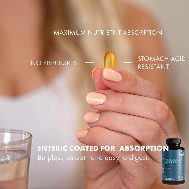 Omega-3 Supreme 1400 mg Wild Alaskan Fish Oil | IFOS Certified EPA DHA, Sustainable, Burpless, Veg Enteric Coated for Absorption (3 Mo Supply,180 Sof