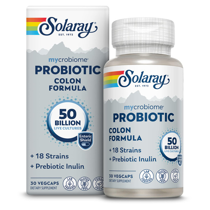 SOLARAY Mycrobiome Probiotic Colon Formula, Vegan, Digestive Function, Colon Health, and Immune System Support, 50 Billion CFU, 18 Strains, Prebiotic