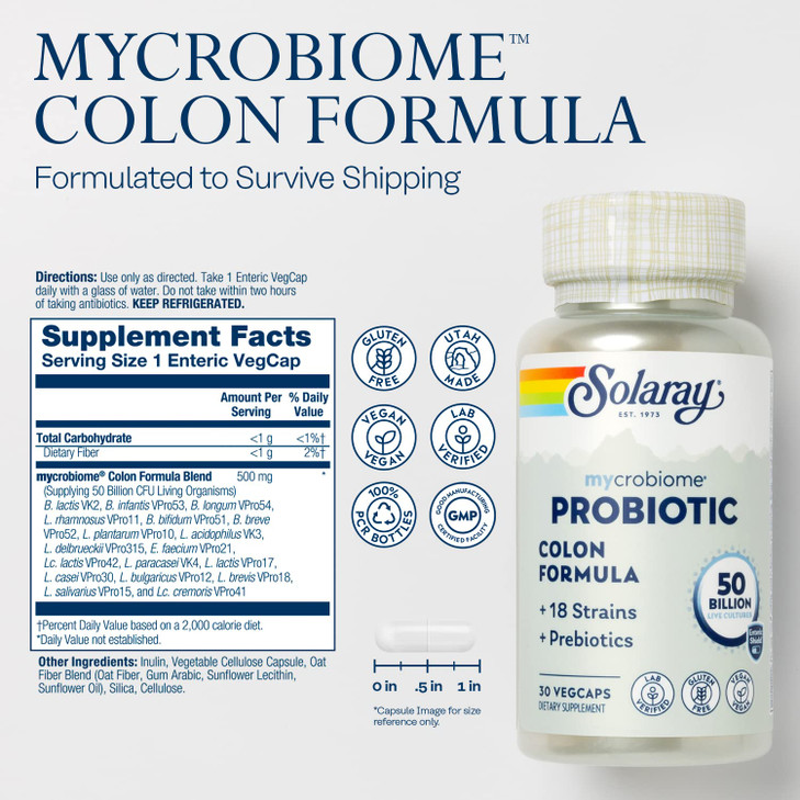 SOLARAY Mycrobiome Probiotic Colon Formula, Vegan, Digestive Function, Colon Health, and Immune System Support, 50 Billion CFU, 18 Strains, Prebiotic
