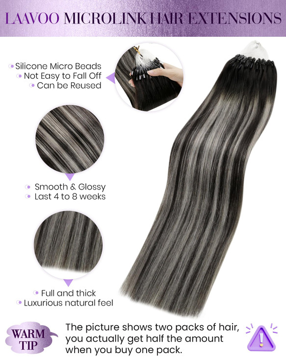 LaaVoo Microlink Hair Extensions Human Hair Ombre Black Microbead Hair Extensions Human Hair Off Black Balayage Grey Silver Micro Loop Hair Exrension