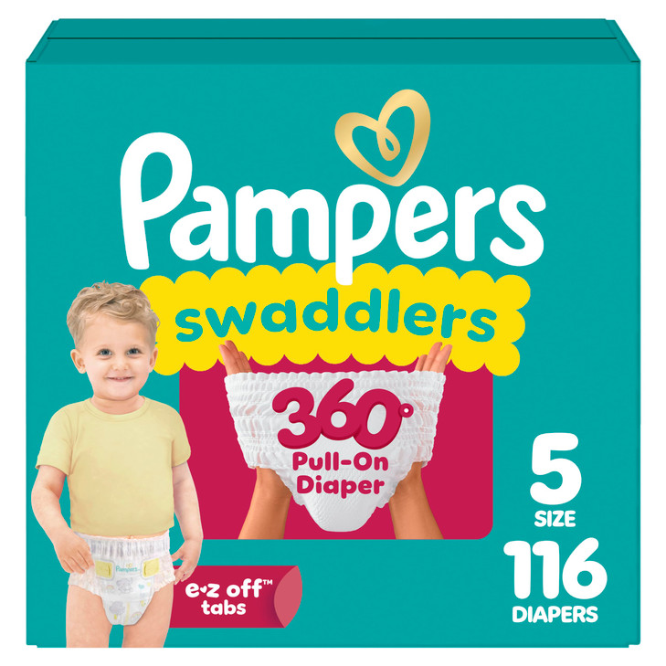 Pampers Diapers - Swaddlers 360° - Size 5, 116 Count, up to 100% Leakproof Comfy Dry Fit, Designed for Easy Changes, Pull On Baby Diaper (Packaging M