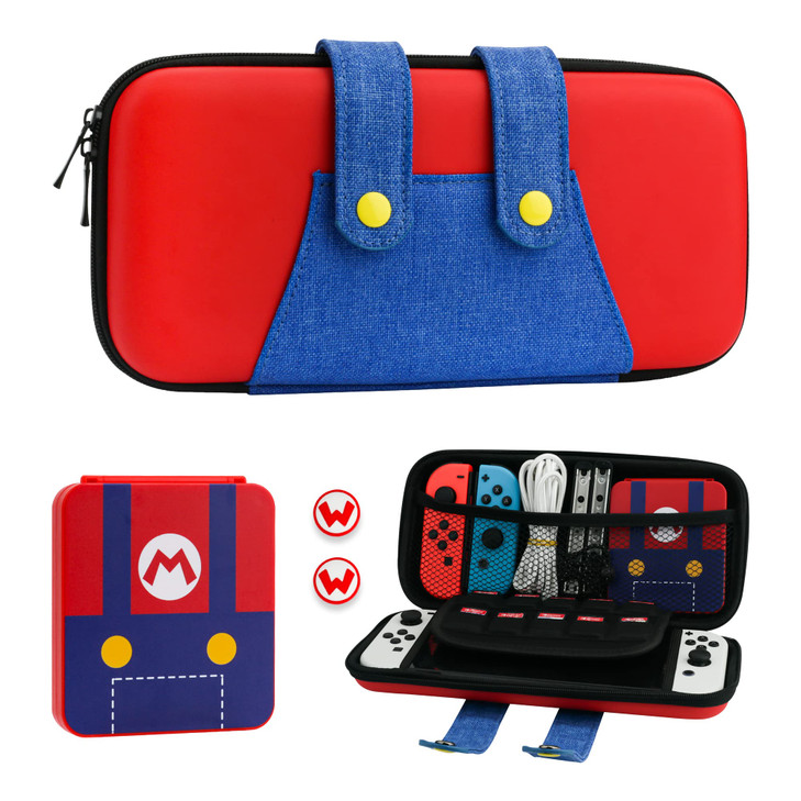 FUNDIARY Travel Carrying Case for Nintendo Switch and Switch OLED with Super Mario Design, Red and Blue Accessories Bundle for Switch Console with Po
