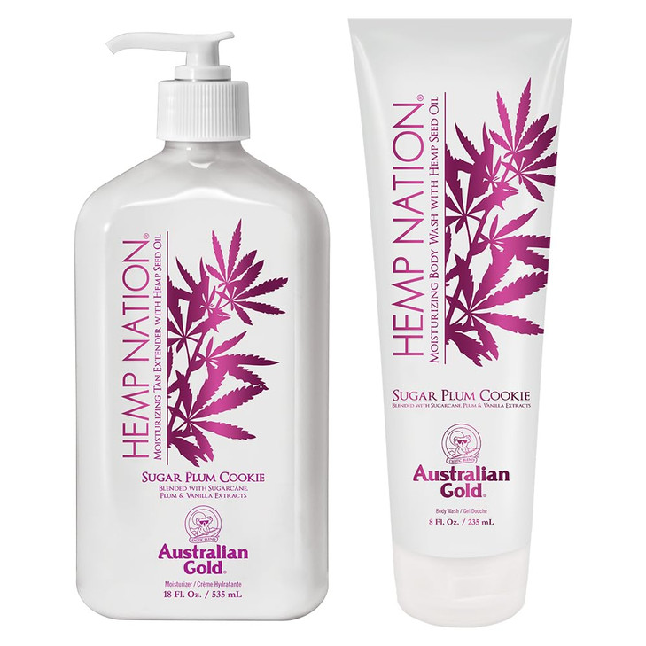 Australian Gold Hemp Nation Sugar Plum Cookie Bundle - Tan Extender Body Lotion (18 FL Oz) and Body Wash (8 FL Oz), Delectable Blend of Sugarcane, Pl