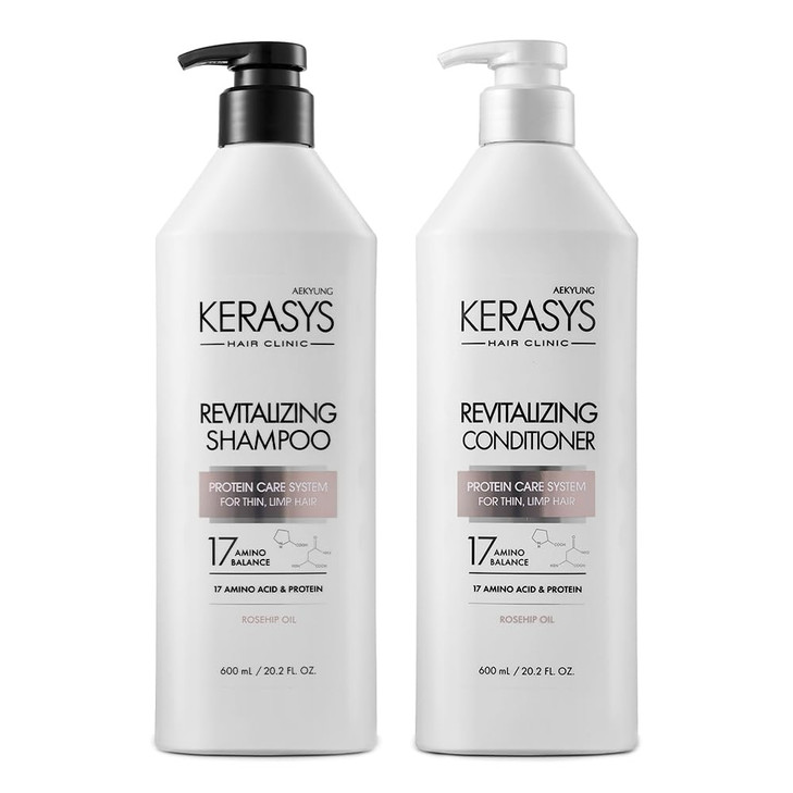 Kerasys Hair Clinic Protein Care System for Thin Limp Hair Rosehip Oil REVITALIZING 20.2 fl oz / 600 ml (Shampoo + Conditioner Set)