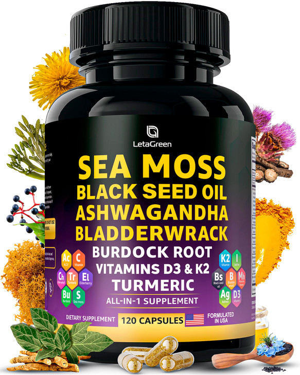 LetaGreen Sea Moss Capsules  17-in-1 Blend with Black Seed Oil Ashwagandha Bladderwrack Burdock Root Turmeric Vitamin D3 K2 C for Daily Wellness  M