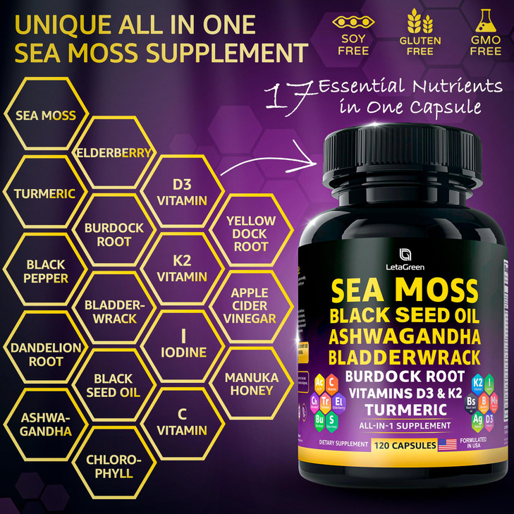 LetaGreen Sea Moss Capsules  17-in-1 Blend with Black Seed Oil Ashwagandha Bladderwrack Burdock Root Turmeric Vitamin D3 K2 C for Daily Wellness  M