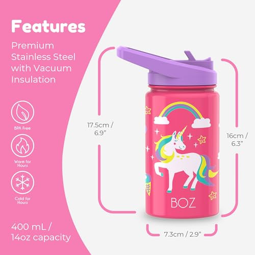 BOZ Kids Insulated Water Bottle with Straw Lid, Stainless Steel Vacuum Double Wall Water Cup, 14 oz (414ml). Scratch-resistant Cute Print and Carry H
