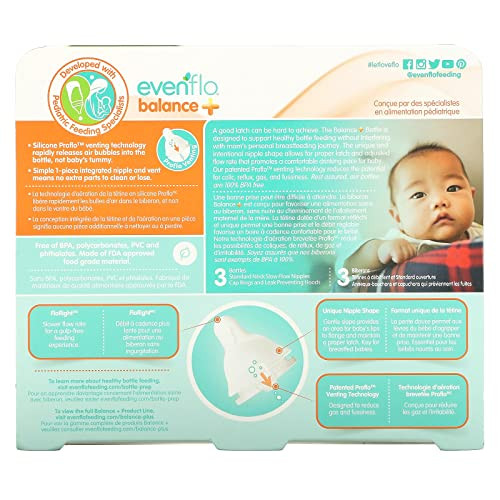 Evenflo Feeding Balance+ Bottles, Standard, 0+ Months, Slow Flow, 3 Bottles, 4 oz (120 ml)