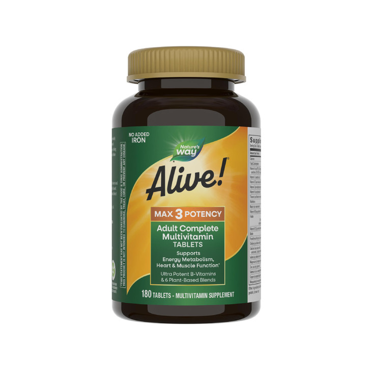 Nature's Way Alive! Max3 Potency Multivitamin, High Potency B-Vitamins, No Iron, 180 Tablets