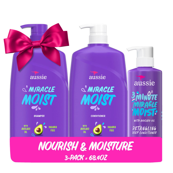 Aussie Miracle Moist Shampoo and Conditioner with 3 Minute Miracle Deep Conditioner, Avocado & Jojoba Oil, Paraben-Free, Moisturizes & Detangles, All