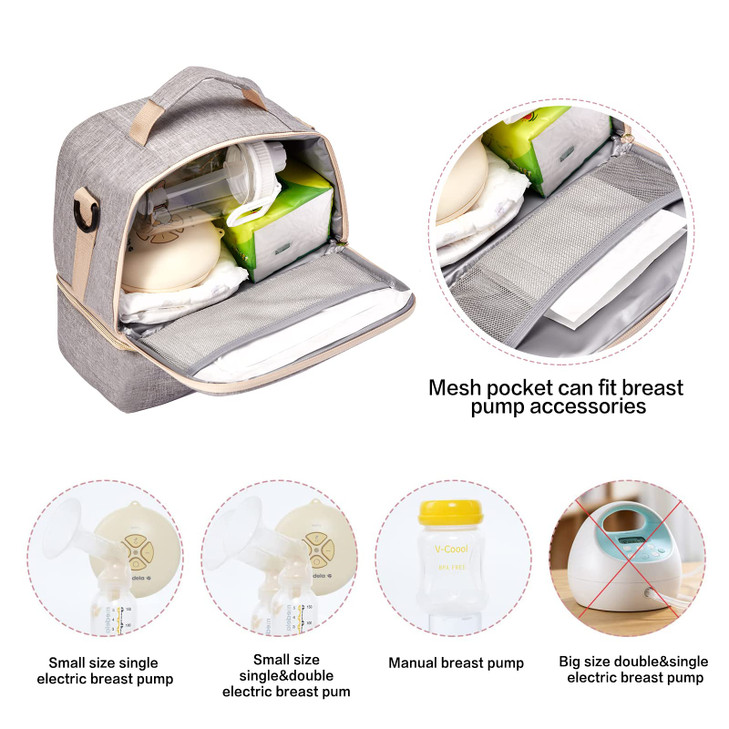 Breast Pump Bag Cooler Compartment Moistureproof Bag Double Layer for Mother Breast Milk Pump Lunch Bag Outdoor Working (Grey)