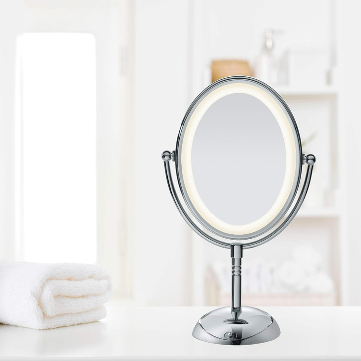 Conair Lighted Makeup Mirror, LED Vanity Mirror, 1X/7X Magnifying Mirror, Double Sided, Battery Operated in Polished Chrome