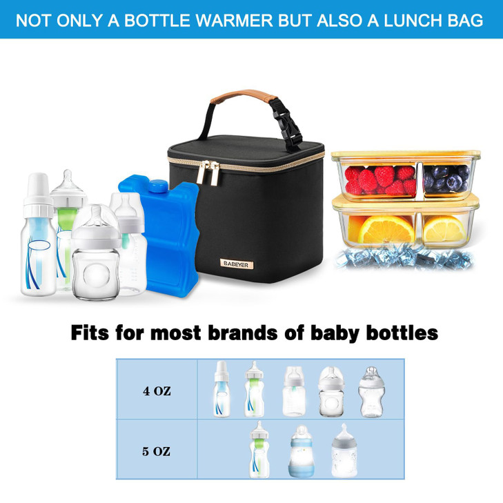 BABEYER Insulated Bottle Bag with Ice Pack Fits 4 Large Baby Bottles Up to 5 Ounce, Cooler Bag Great for Nursing Mom Daycare-Black